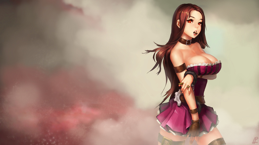 bare_shoulders belt breast_hold breasts brown_hair bullet bullet_in_mouth caitlyn_(league_of_legends) cleavage cuffs fingerless_gloves forehead fuzzy_handcuffs gloves handcuffs highres instant_ip large_breasts league_of_legends long_hair mouth_hold red_eyes single_glove skirt solo widescreen