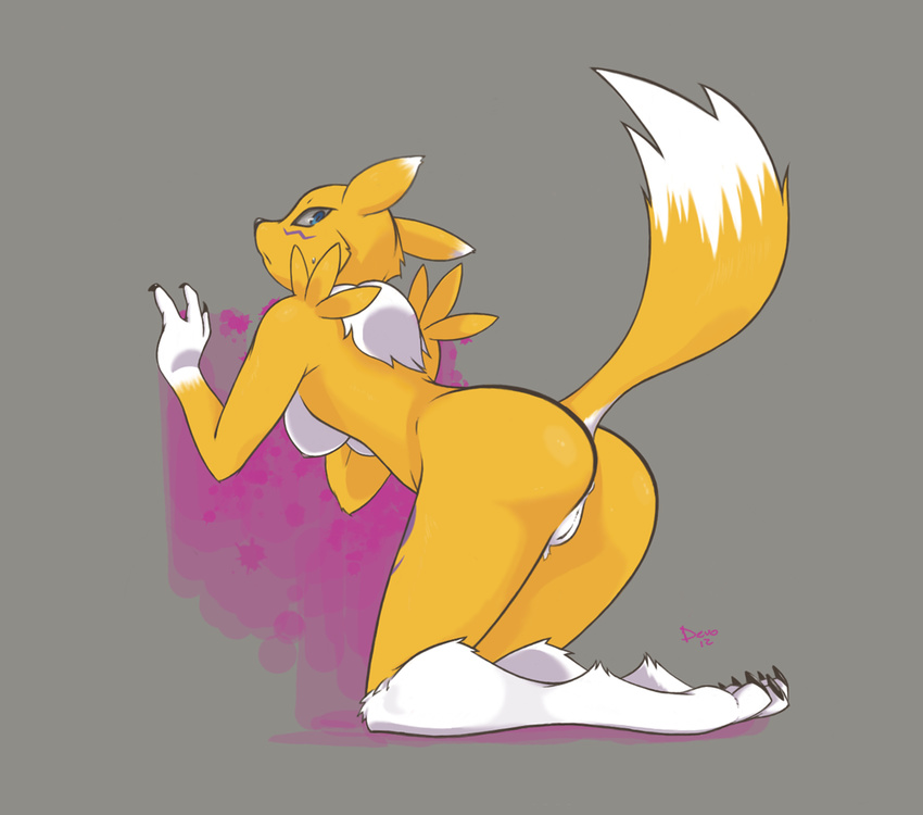 breasts butt canine claws devo devo87 digimon female fox hindpaw looking_at_viewer mammal nipples nude paws plain_background pointy_ears presenting presenting_hindquarters pussy renamon solo