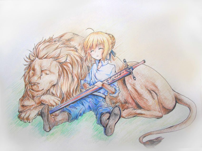 absurdres ahoge artoria_pendragon_(all) blonde_hair boots closed_eyes fate/stay_night fate_(series) hair_ribbon highres lion ribbon saber sheath sheathed sleeping sword sworgun tail traditional_media weapon younger