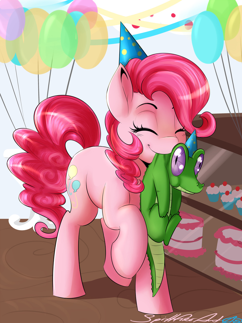 balloon cake cupcake cutie_mark equine eyes_closed female feral food friendship_is_magic gummy_(mlp) hat horse mammal my_little_pony party party_hat pinkie_pie_(mlp) pony purple_eyes reptile scalie spittfire table