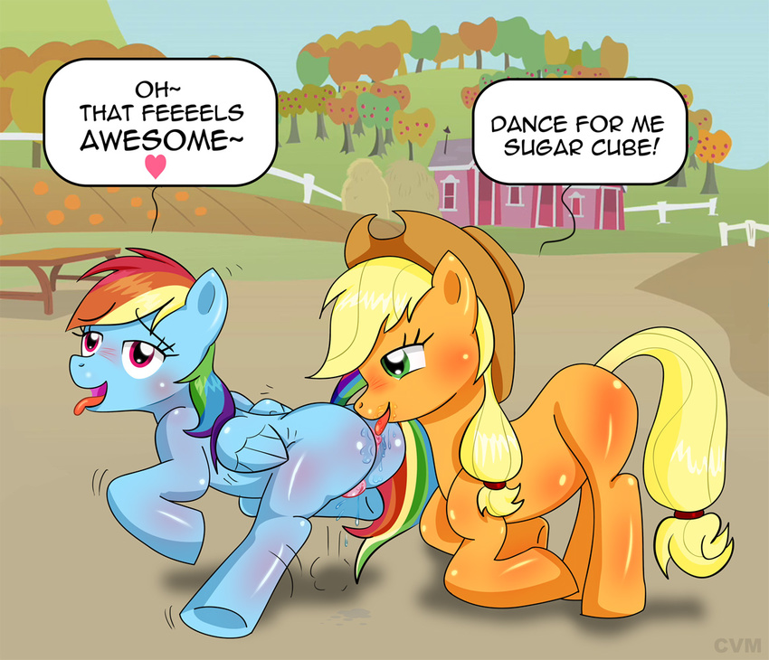 anal anus applejack_(mlp) blonde_hair blush c-v-m cowboy_hat dialog dialogue duo english_text equine female feral friendship_is_magic green_eyes hair hat horse lesbian mammal my_little_pony open_mouth oral outside pegasus pony pussy rainbow_dash_(mlp) rimming text tongue tree wings wood