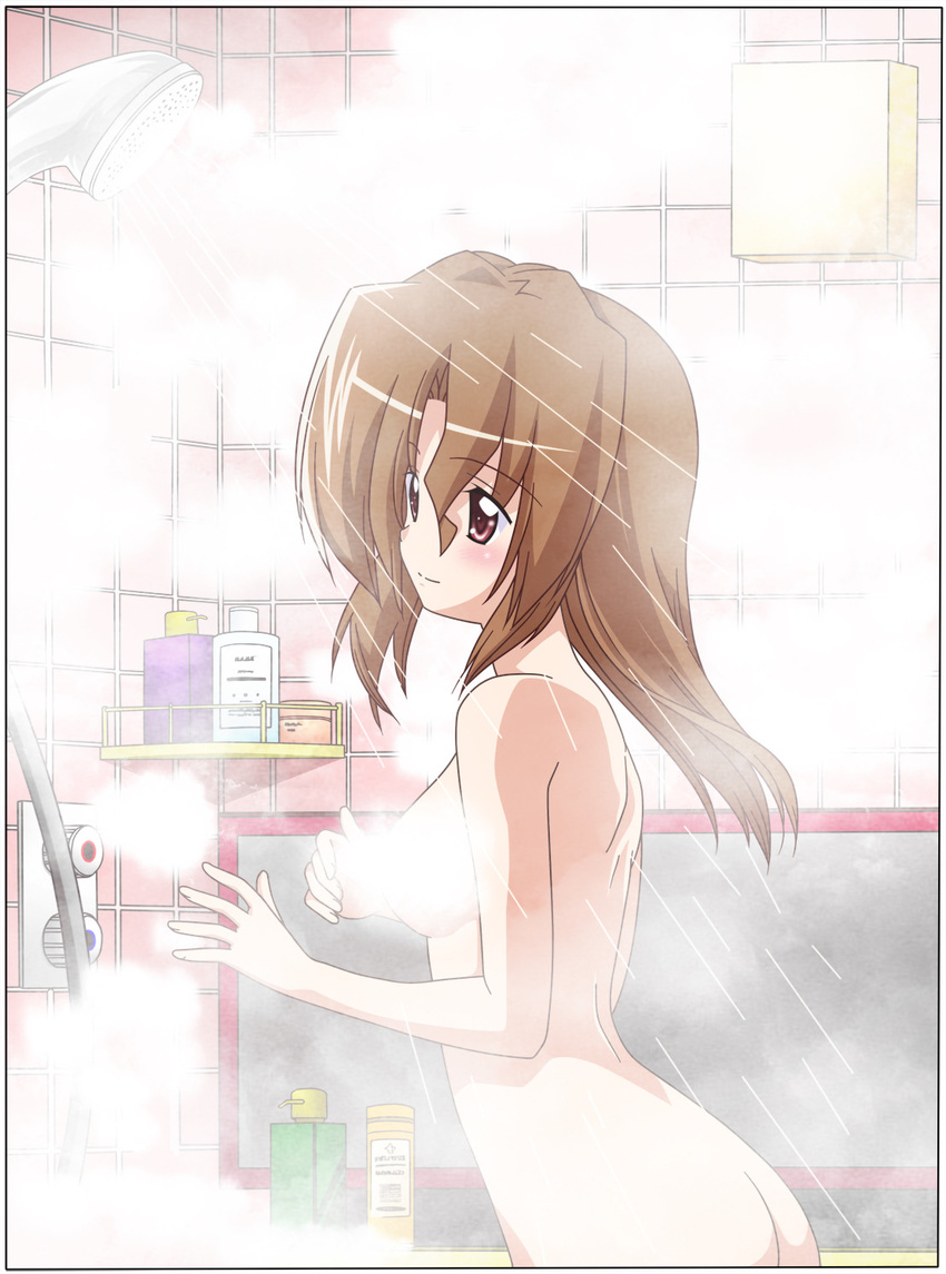1girl ass bath bathroom blush breasts brown_hair fog hayate_no_gotoku! highres long_hair maria maria_(hayate_no_gotoku!) mist red_eyes shower shower_head smile