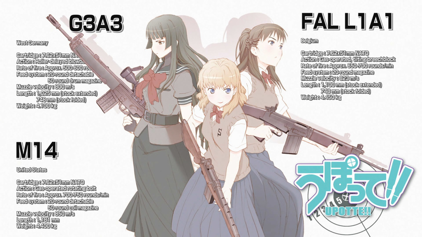 artist_request battle_rifle belt black_hair blonde_hair blue_eyes bow bowtie brown_eyes brown_hair character_name copyright_name fal_l1a1_(upotte!!) fn_fal g3a3_(upotte!!) gun h&amp;k_g3 highres long_hair long_skirt m14 m14_(upotte!!) multiple_girls official_art pleated_skirt rifle school_uniform screencap serafuku short_hair skirt sweater_vest upotte!! weapon