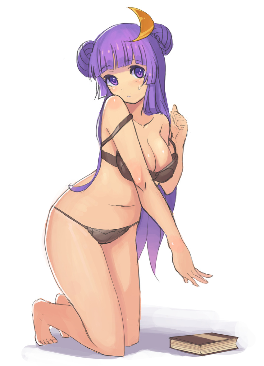 absurdres bare_legs bare_shoulders barefoot black_bra black_panties book bra breasts cleavage collarbone crescent crescent_hair_ornament double_bun full_body hair_ornament highres kneeling large_breasts long_hair looking_at_viewer mio-muo1206 no_hat no_headwear off_shoulder panties patchouli_knowledge purple_eyes purple_hair simple_background solo strap_slip touhou underwear underwear_only very_long_hair white_background