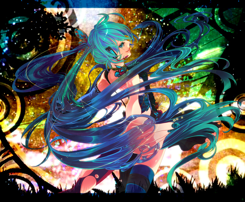 aqua_eyes aqua_hair elbow_gloves gloves hatsune_miku headset highres long_hair outstretched_arms rathke single_glove solo spread_arms striped striped_legwear thighhighs twintails very_long_hair vocaloid