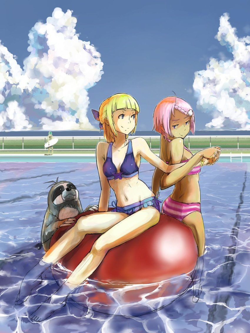 2girls ahoge animal animal_print antenna_hair aqua_hair arm_support armpits artist_request ass back back-to-back bangs barefoot bikini bikini_skirt blonde_hair blue_bikini blue_eyes blunt_bangs bow braid breasts butterfly_print caustics cleavage cloud dark_skin day elena_peoples eureka_seven_(series) eureka_seven_ao feet fence fleur_blanc french_braid fukai_ao hair_bow hair_ornament hairclip half-closed_eyes half_updo highres hips holding holding_hands inflatable_raft lane_line legs light_smile looking_at_another multiple_girls naughty_face navel noah_(eureka_seven_ao) ocean outdoors pink_bikini pink_hair pool pool_ladder poolside purple_eyes short_hair side-tie_bikini sitting sketch sky sloth_(animal) small_breasts smile soaking_feet standing striped striped_bikini striped_swimsuit surfboard swept_bangs swimsuit wading water