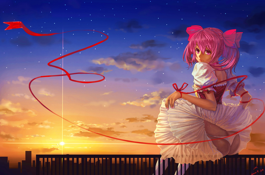 2012 absurdres cloud dated dress dress_lift from_behind highres holding kaname_madoka magical_girl mahou_shoujo_madoka_magica panties pink_hair red_eyes red_ribbon ribbon shuizhanglang sitting sky solo star_(sky) starry_sky sunlight sunset thighhighs twintails underwear white_legwear white_panties