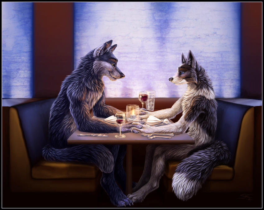 alcohol anthro beverage biceps blue_eyes blue_fur candle candles canine claws couple cute drink duo ear_piercing fangs female fluffy fox fur gay grey_fur hand_holding love male mammal muscles nude piercing pose restaurant ring romantic sabretoothed_ermine scar sitting table toe_claws white_fur wine wolf yellow_eyes