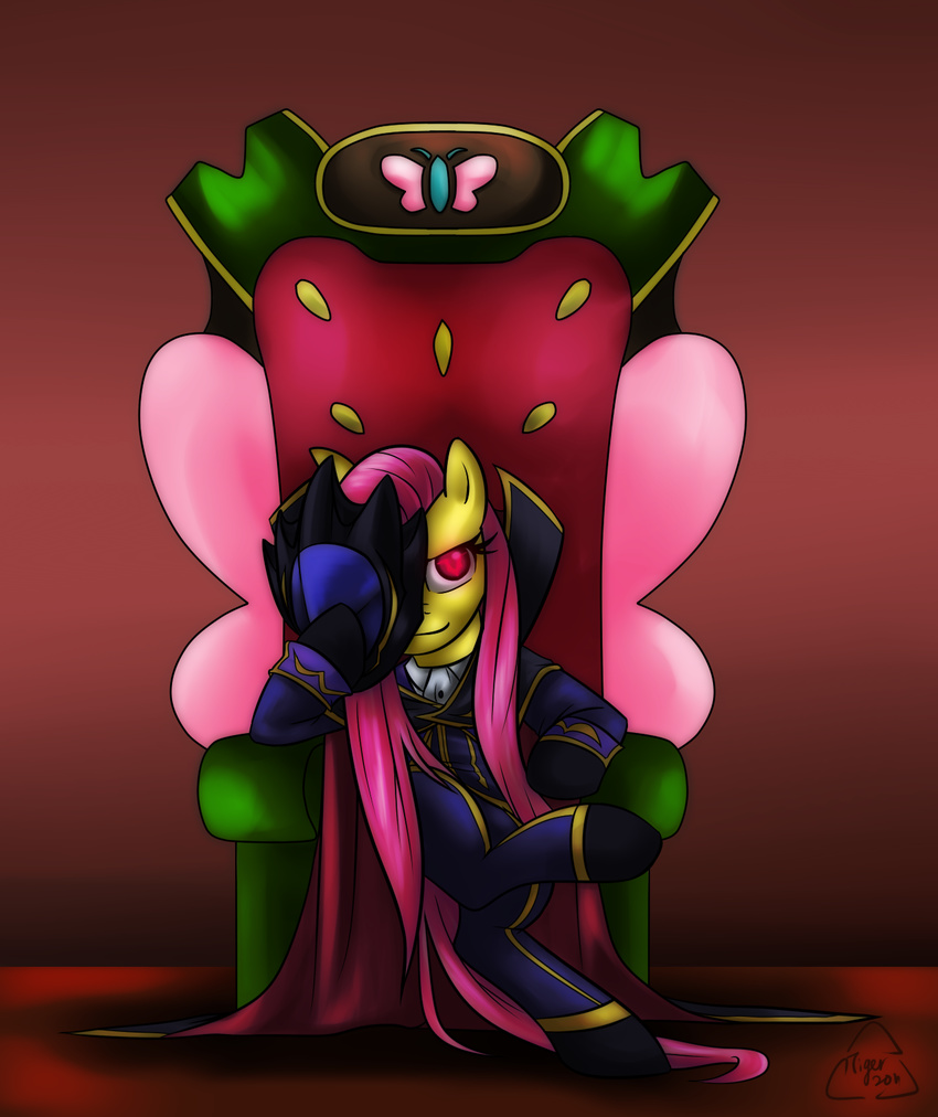 chair clothed clothing code_geass crossover equine female fluttershy_(mlp) friendship_is_magic hair horse lelouch_lamperouge long_hair mammal mask melancholysanctuary my_little_pony pink_hair plain_background pony purple_eyes sitting solo zero_(code_geass)