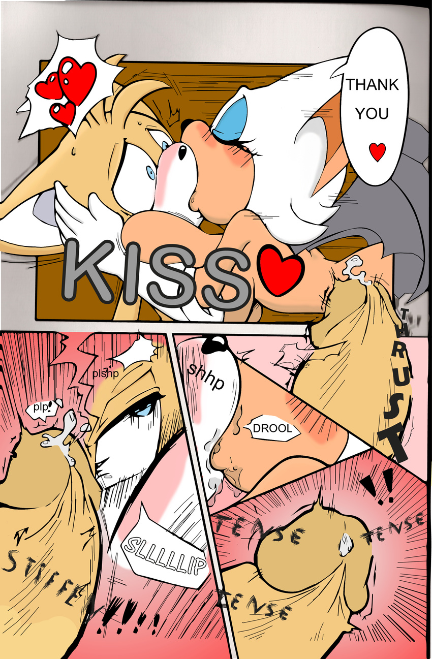 anthro bat big_breasts blue_eyes blush breasts canine cleavage clothed clothing comic dialog dialogue english_text erection female fox hair huge_breasts imminent_orgasm kissing male mammal michiyoshi miles_prower nude orange_hair penis precum rouge_the_bat sega smile sonic_(series) text white_hair wings