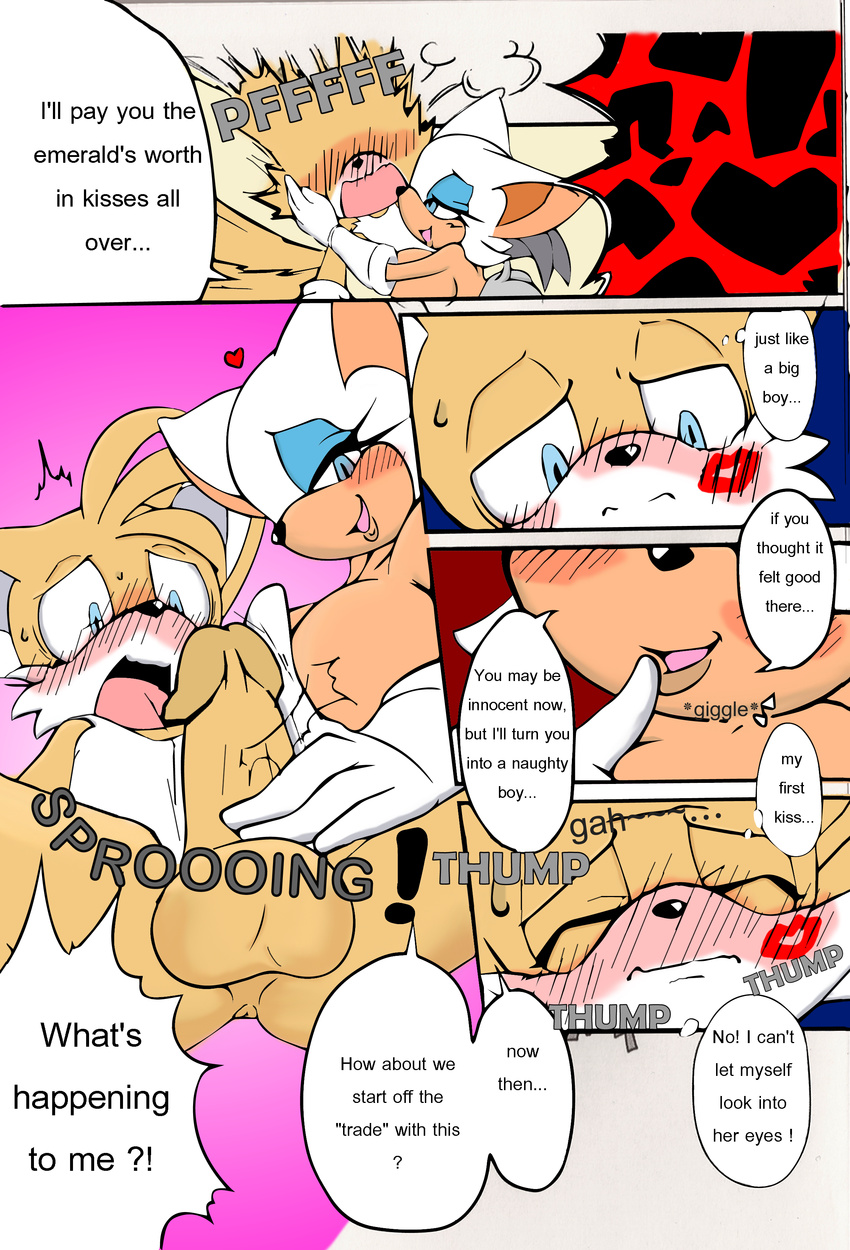 anus balls bat big_breasts blue_eyes blush breasts canine cleavage clothed clothing comic dialog dialogue english_text erection female fox hair huge_breasts kiss_mark male mammal michiyoshi miles_prower orange_hair penis rouge_the_bat sega smile sonic_(series) text white_hair wings