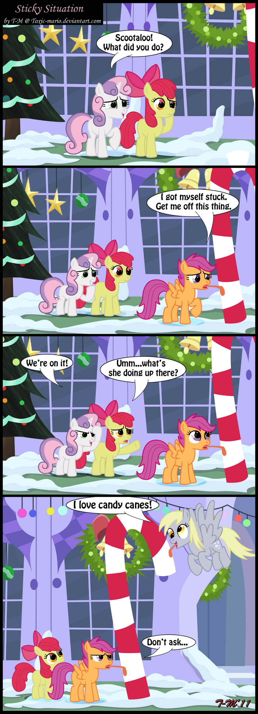 apple_bloom_(mlp) blonde_hair candy_cane christmas comic cub cutie_mark cutie_mark_crusaders_(mlp) derpy_hooves_(mlp) dialog dialogue english_text equine female feral friendship_is_magic fur grey_fur group hair holidays horn horse mammal my_little_pony orange_fur outside pegasus pony purple_eyes purple_hair red_hair scootaloo_(mlp) snow sweetie_belle_(mlp) text toxic-mario tree two_tone_hair unicorn white_fur window windows wings wood xmas yellow_fur young