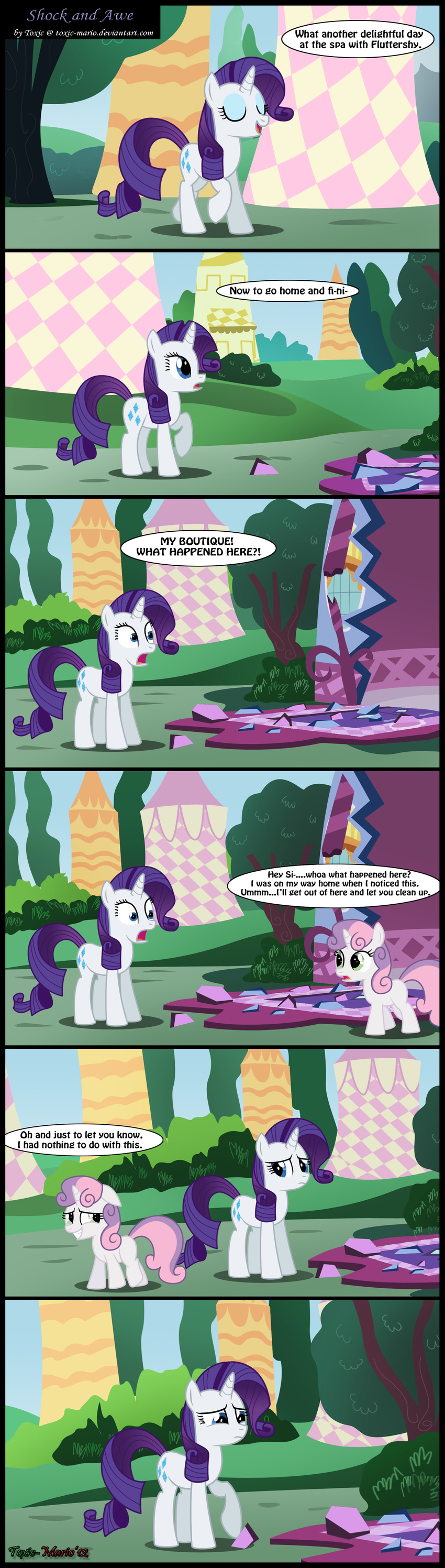 comic cub cutie_mark damage dialog dialogue english_text equine eyes_closed female feral friendship_is_magic fur green_eyes hair horn horse mammal my_little_pony open_mouth outside pony purple_hair rarity_(mlp) sibling siblings smile sweetie_belle_(mlp) text toxic-mario tree two_tone_hair unicorn white_fur wood young
