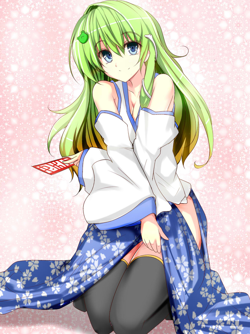 black_legwear blue_eyes breasts cleavage detached_sleeves frog_hair_ornament fukunaga_kazuhiro green_hair hair_ornament highres kochiya_sanae long_hair medium_breasts ofuda skirt skirt_lift smile snake solo thighhighs touhou