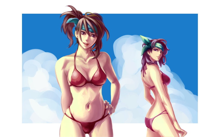 :d arm_behind_back ass bad_id bad_pixiv_id bangs banned_artist bare_knuckle bare_knuckle_iii bikini blue_sky breasts brown_hair cleavage cloud day hair_between_eyes headband kamiomutsu light_smile lipstick looking_at_viewer looking_back makeup medium_breasts multiple_girls navel one_side_up onihime_(bare_knuckle) open_mouth outdoors profile purple_hair sega siblings side_ponytail sideboob sisters sky smile standing string_bikini swimsuit twins wallpaper wide_hips yasha_(bare_knuckle)