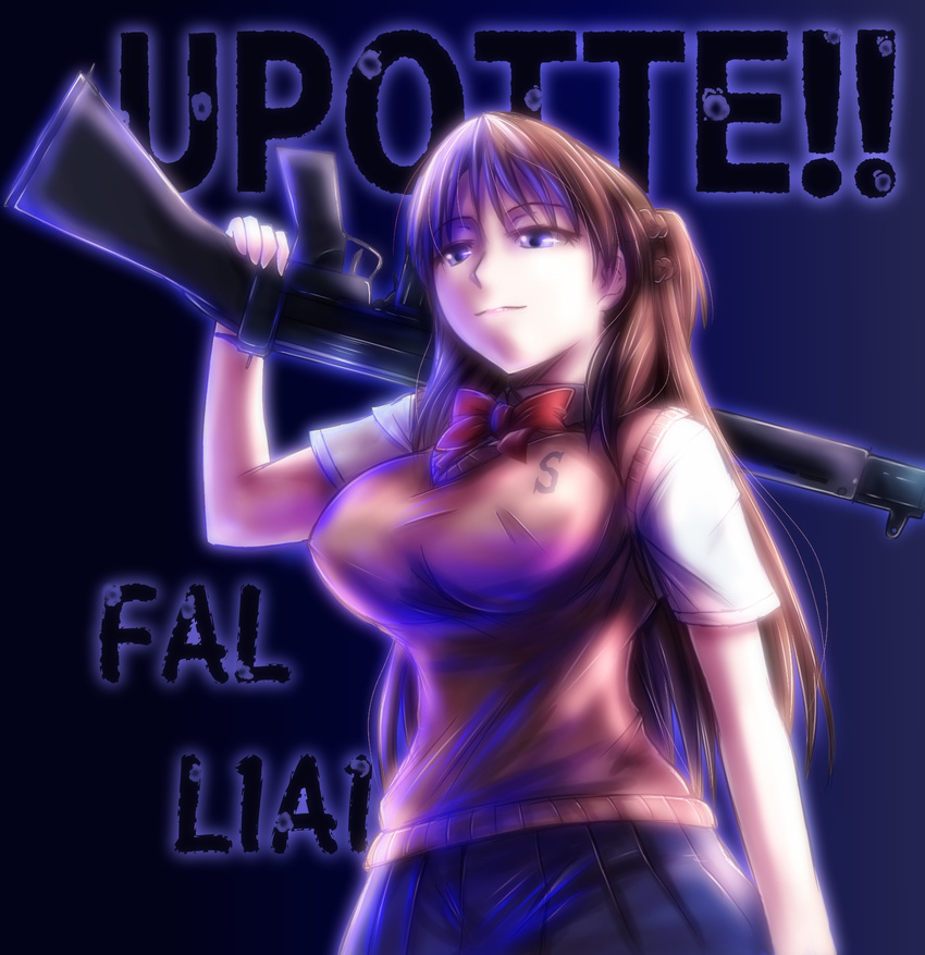 battle_rifle bow bowtie breasts brown_hair fal_l1a1_(upotte!!) fn_fal gun highres huge_breasts long_hair pleated_skirt purple_eyes rifle rpg-exen school_uniform skirt solo sweater_vest upotte!! weapon