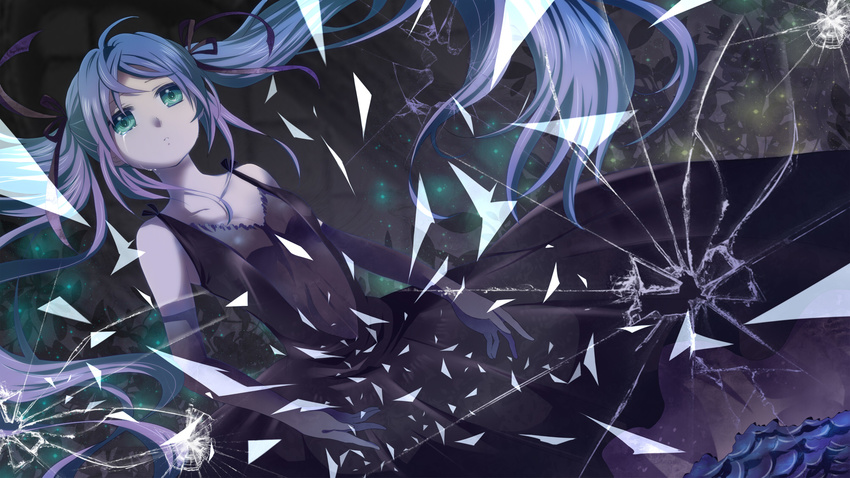 bare_shoulders black_dress blue_hair broken_glass dark dress dutch_angle elbow_gloves floating_hair glass gloves green_eyes hair_ribbon hatsune_miku highres kakera-lie's_a_night-_(vocaloid) long_hair mariwai_(marireroy) parted_lips ribbon sad solo tears twintails very_long_hair vocaloid