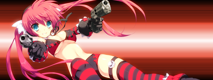 bikini game_cg gloves gun long_hair red_hair revolver_girl_hammer_lady shimesaba_kohada swimsuit thighhighs twintails underboob weapon