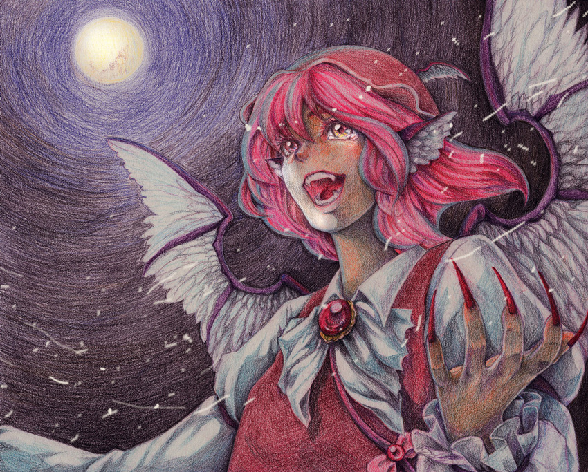 alternate_eye_color animal_ears brooch claws colored_pencil_(medium) eyelashes fangs feathered_wings fingernails full_moon hat jewelry long_fingernails moon moonlight music mystia_lorelei night open_mouth pink_hair short_hair singing solo takt. tears teeth touhou traditional_media wings yellow_eyes