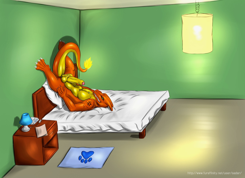 abs anthro balls bed bedroom biceps big_muscles big_penis chair charizard charzy charzy_(character) claws dragon erection fire green_eyes horn hot lamp looking_at_viewer lying male muscles necklace nintendo nude paws pecs penis pillow pok&#233;mon pok&eacute;mon pose sader scales scalie solo table tattoo video_games wingless yellow_fire