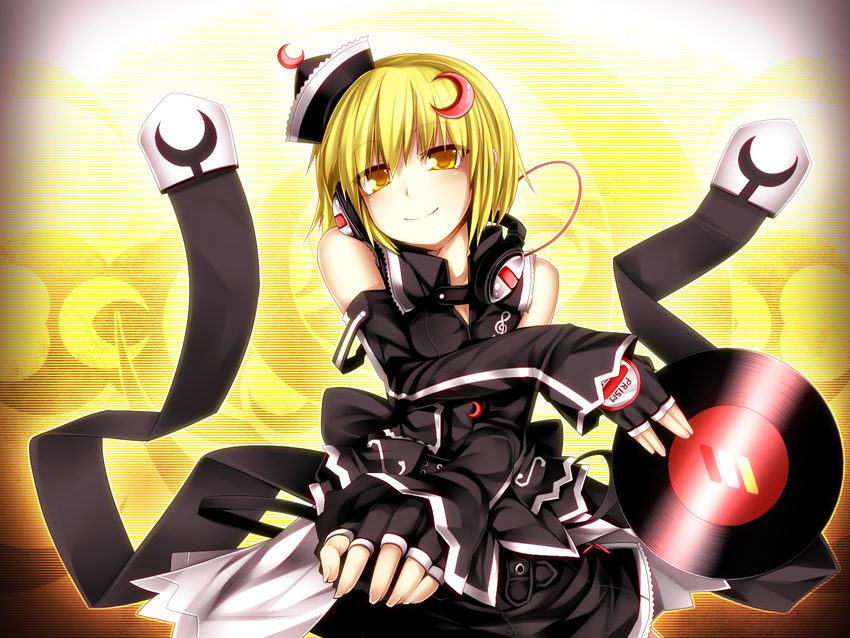 alternate_costume bare_shoulders blonde_hair blush crescent detached_sleeves fingerless_gloves gloves hat headphones headphones_around_neck highres holding kazetto looking_at_viewer lunasa_prismriver record short_hair smile solo touhou yellow_eyes