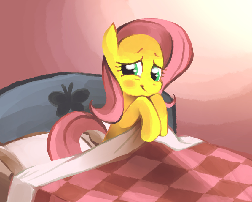 blanket blush embarrassed equine female feral fluttershy_(mlp) friendship_is_magic fur green_eyes hair horse karzahnii looking_at_viewer mammal my_little_pony pillow pink_hair plain_background pony solo wood yellow_fur