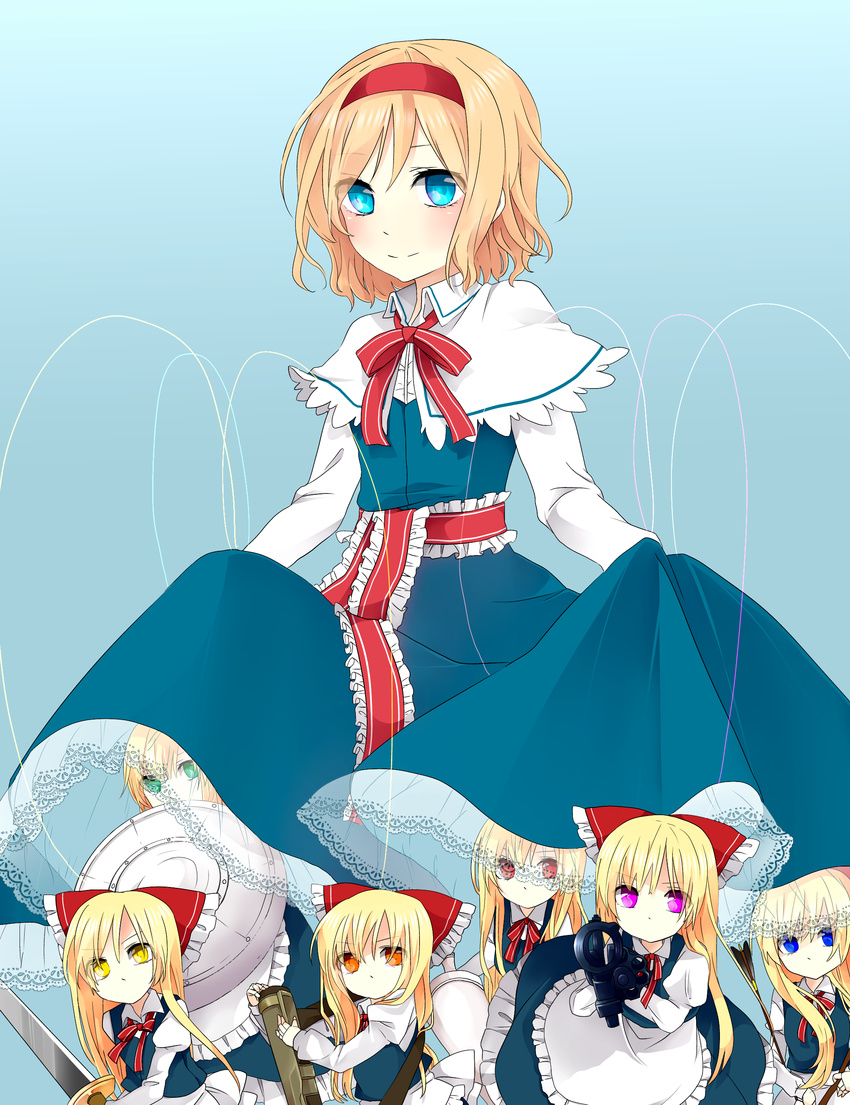 absurdres alice_margatroid arrow bazooka blonde_hair blue_eyes capelet doll dress green_eyes hairband highres looking_at_viewer orange_eyes polearm puppet purple_eyes red_eyes ribbon shanghai_doll shield short_hair solo spear sword touhou tsuno_no_hito weapon yellow_eyes