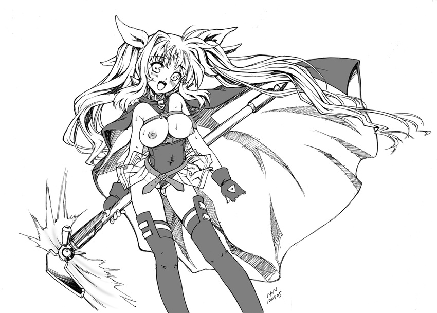 :d bardiche belt blush bow buckle cape energy_blade fate_testarossa fingerless_gloves gloves greyscale hair_bow long_hair lyrical_nanoha mahou_shoujo_lyrical_nanoha monochrome nanjou_asuka open_mouth scythe smile solo thighhighs twintails