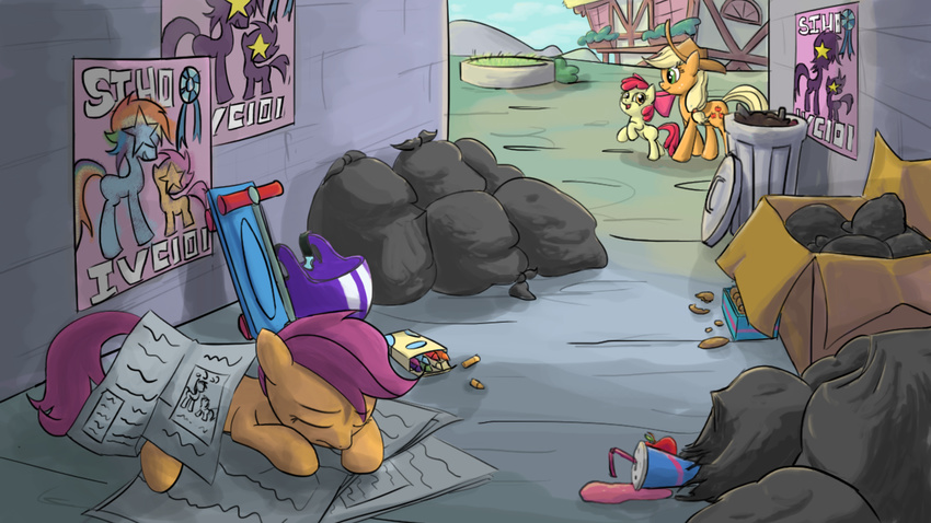 2012 apple_bloom_(mlp) applejack_(mlp) blonde_hair cowboy_hat cub cutie_mark cutie_mark_crusaders_(mlp) equine female feral friendship_is_magic green_eyes group hair hat headgear homeless horse mammal my_little_pony pony red_hair scootaloo_(mlp) sibling sisters sleeping trash young