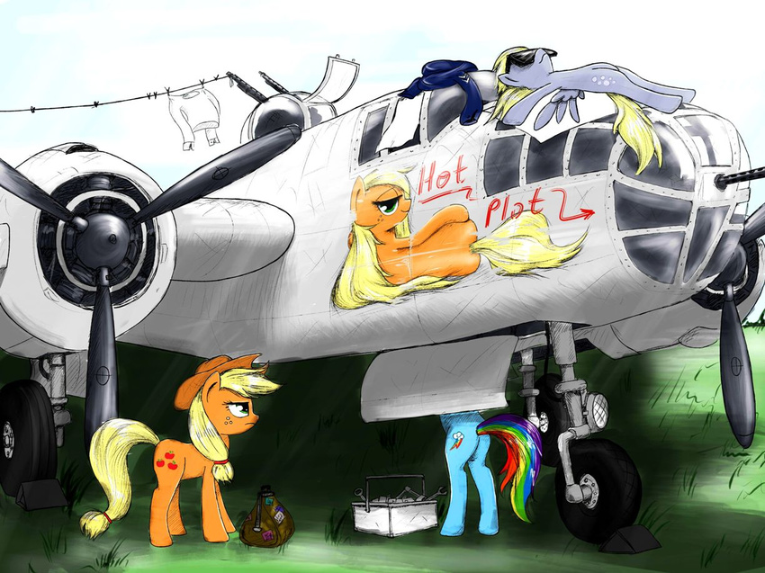 aircraft airplane applejack_(mlp) b-25_mitchell back blonde_hair butt clothes_line clothing cloths_line cutie_mark derpy_hooves_(mlp) english_text equine eyewear female feral freckles friendship_is_magic grass green_eyes group hair horse madhotaru mammal multi-colored_hair my_little_pony outside pegasus pony rainbow_dash_(mlp) rainbow_hair sunglasses text tools unimpressed wings