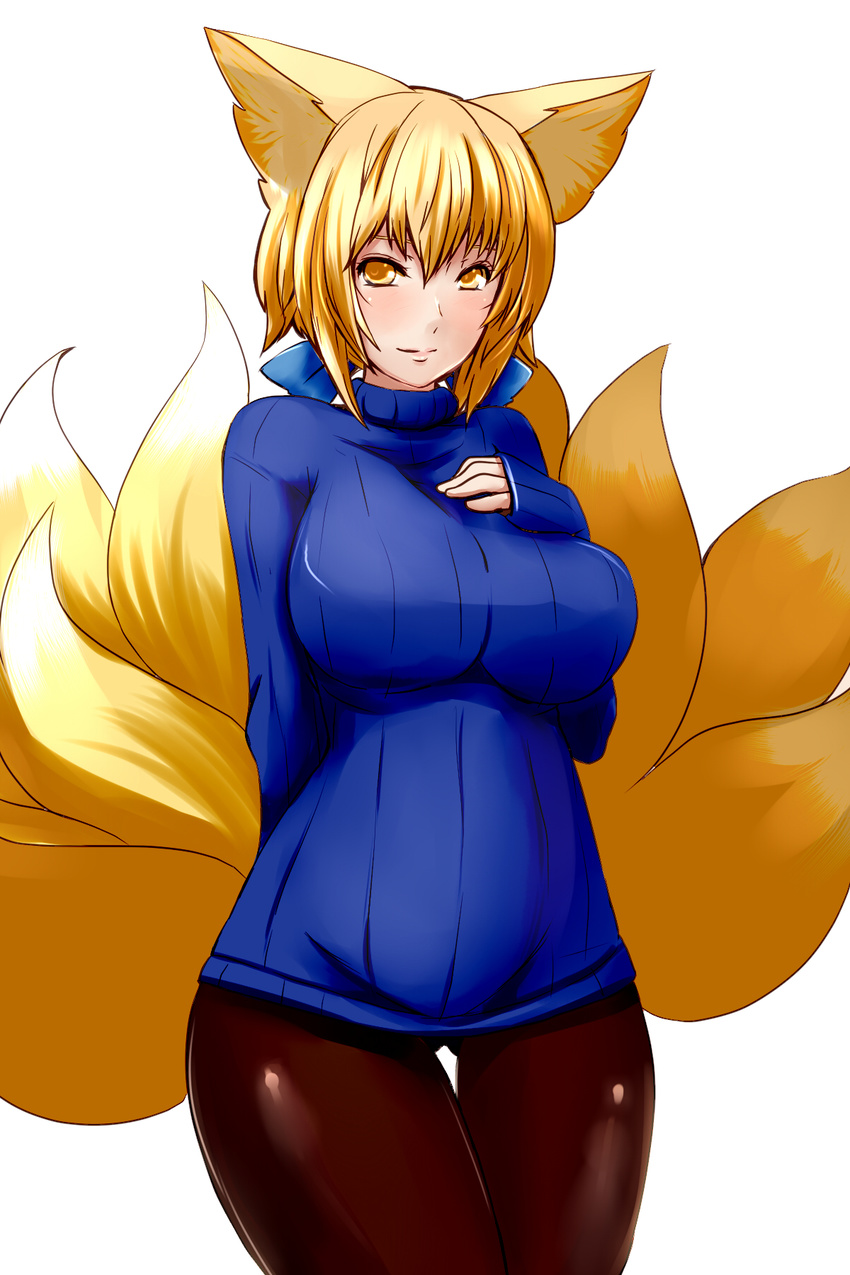 alternate_costume animal_ears blonde_hair breasts dearmybrothers fox_ears fox_tail hand_on_own_chest highres huge_breasts looking_at_viewer multiple_tails pantyhose ribbed_sweater simple_background smile solo sweater tail thigh_gap touhou white_background yakumo_ran yellow_eyes