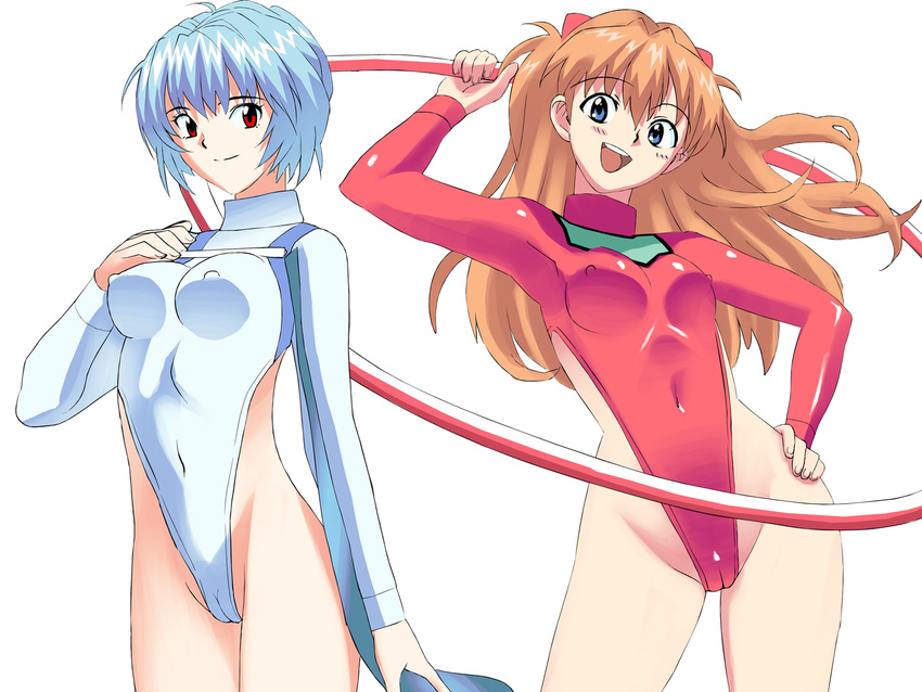 2girls ayanami_rei blue_eyes blue_hair breasts brown_hair camel_toe cameltoe erect_nipple erect_nipples gymnast gymnastics highres hoop hula_hoop leotard long_hair looking_at_viewer multiple_girls navel neon_genesis_evangelion open_mouth orange_eyes orange_hair red_eyes see-through short_hair skin_tight smile soryu_asuka_langley standing