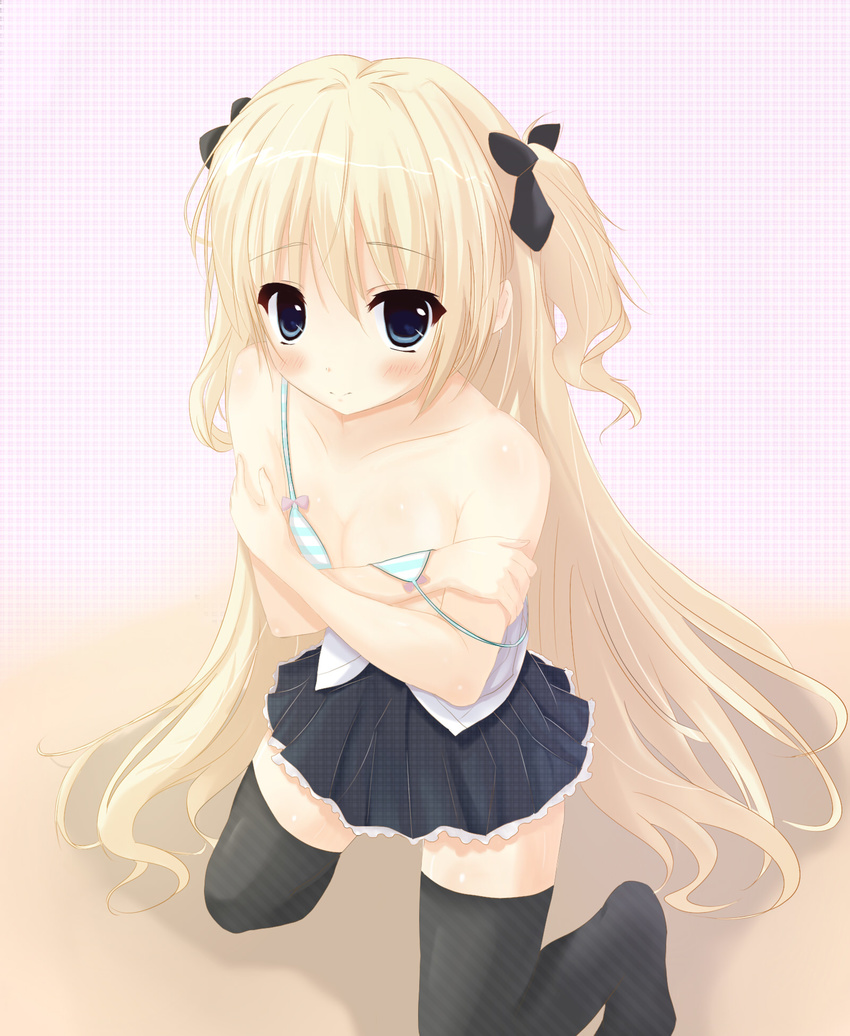 black_legwear blonde_hair blush bra highres long_hair looking_at_viewer okino_ryuuto original skirt solo strap_slip thighhighs underwear very_long_hair