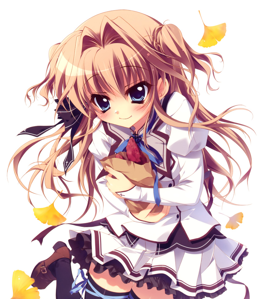 absurdres aqua_eyes artist_request bag black_legwear blush fang grocery_bag hair_intakes highres light_brown_hair loafers long_hair long_sleeves mashiroiro_symphony ribbon sena_airi shoes shopping_bag simple_background skirt smile solo thigh_ribbon thighhighs two_side_up white_background zettai_ryouiki