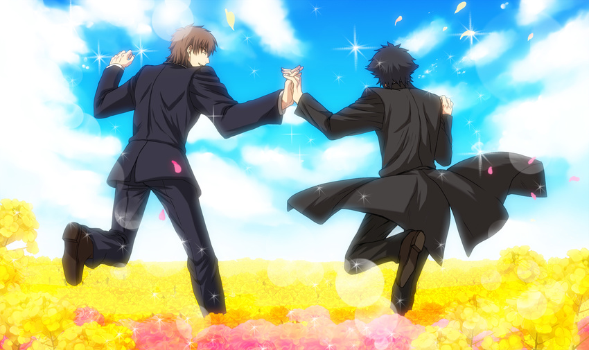 black_hair bloom brown_hair cloud day derivative_work ebonywhite emiya_kiritsugu fabulous fate/zero fate_(series) field flower flower_field holding_hands interlocked_fingers kotomine_kirei long_coat male_focus multiple_boys parody sky sparkle