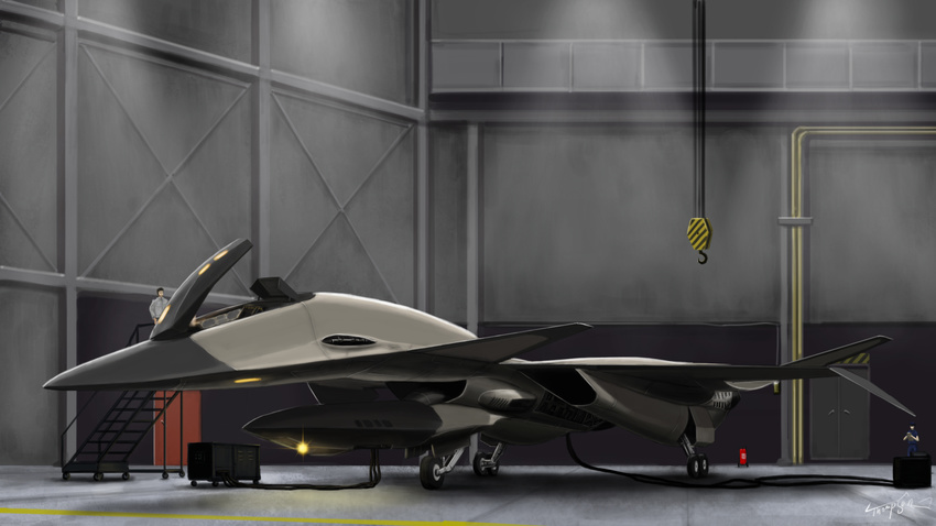 ace_combat ace_combat_x aircraft airplane cable door fenrir_(ace_combat) fighter_jet hangar highres hook jet landing_gear military military_vehicle multiple_boys signature stairs thompson