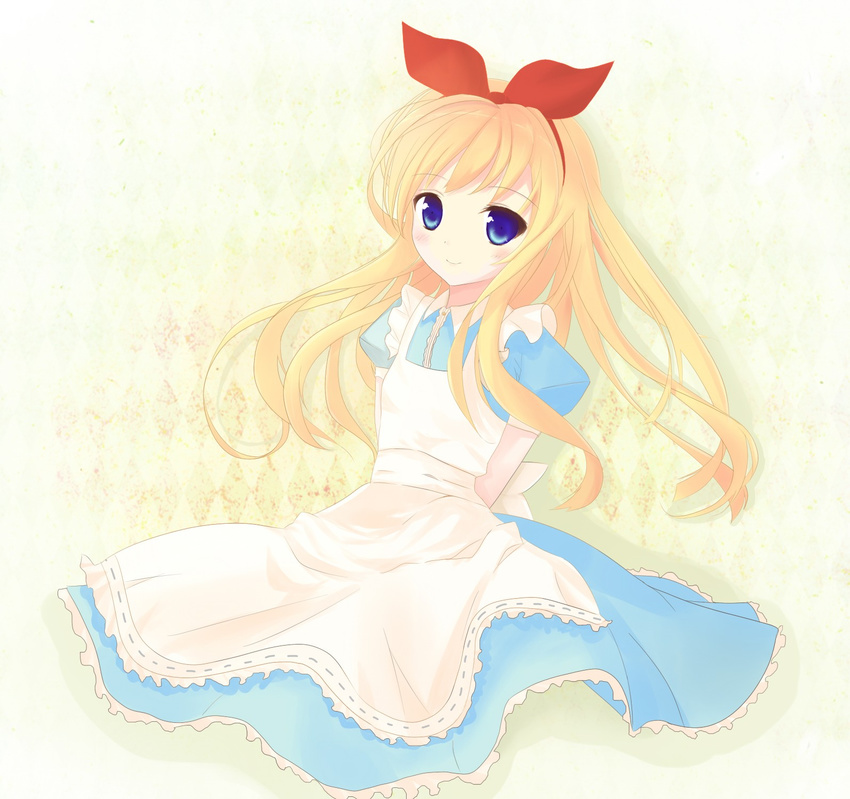 alice_in_wonderland arms_behind_back blonde_hair blue_eyes blush highres long_hair okino_ryuuto original smile solo