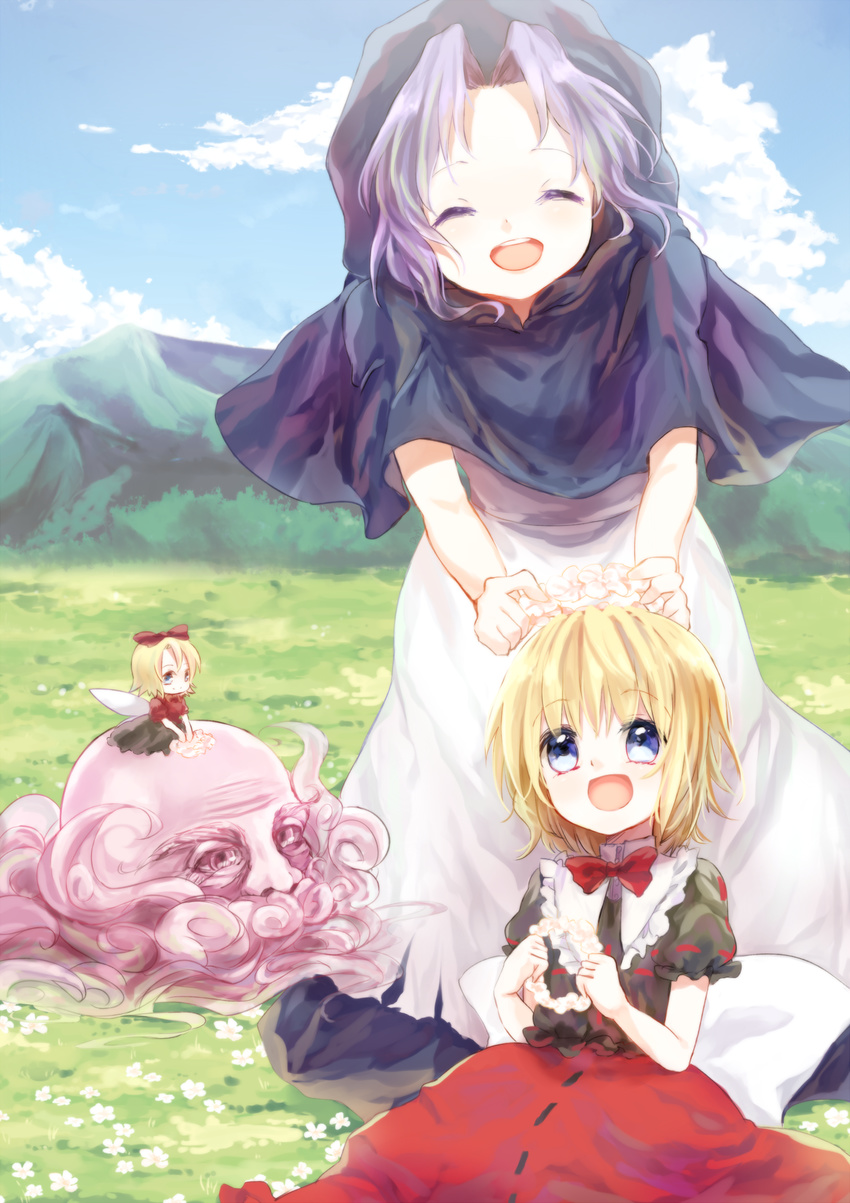 beard blonde_hair blue_eyes blue_sky bow closed_eyes cloud day dqn_(dqnww) dress facial_hair field flower flower_field hair_bow head_wreath highres hood kumoi_ichirin medicine_melancholy mountain multiple_girls open_mouth puffy_sleeves purple_hair putting_on_headwear shirt short_hair short_sleeves sitting skirt sky smile su-san touhou unzan white_dress wings