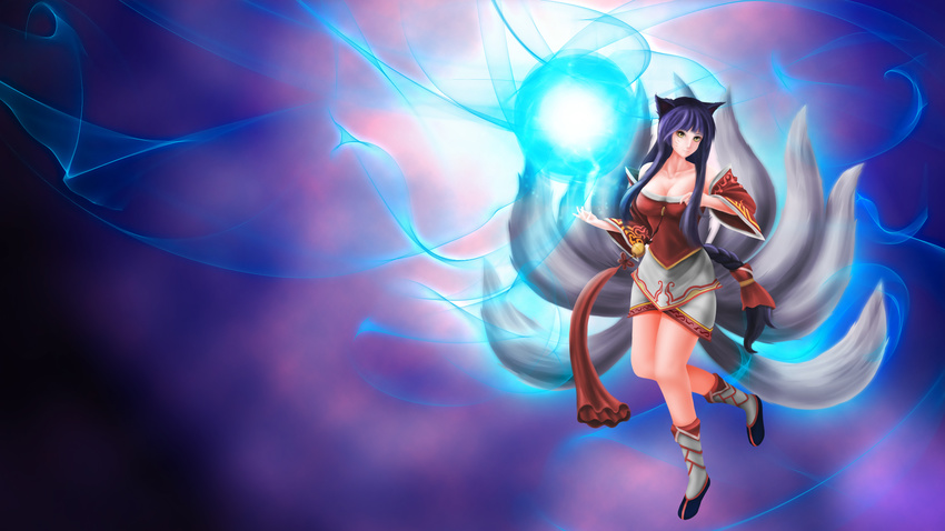 ahri allen_(pixiv) animal_ears bare_shoulders bell blue_hair boots braid breasts cleavage detached_sleeves energy_ball facial_mark fox_ears fox_tail highres korean_clothes large_breasts league_of_legends long_hair multiple_tails orb solo tail very_long_hair whisker_markings yellow_eyes