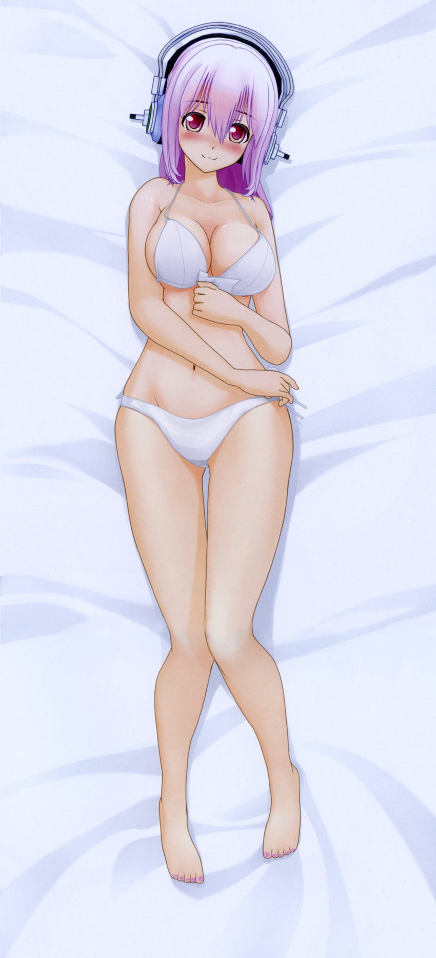 :3 absurdres artist_request bed bikini blanket blush breasts dakimakura full_body headphones highres knees_together_feet_apart large_breasts long_hair looking_at_viewer lying nitroplus official_art on_back on_bed pink_hair red_eyes ribbon scan side-tie_bikini smile solo super_sonico swimsuit white_bikini