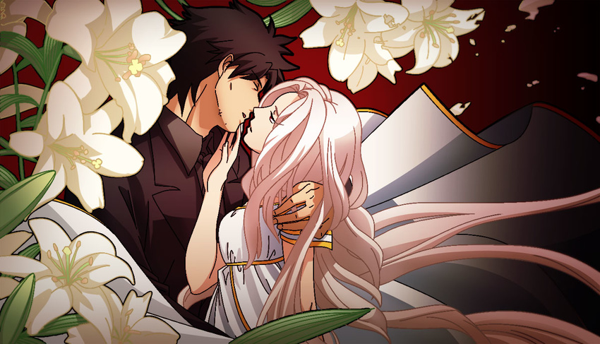 1girl black_eyes black_hair couple dress emiya_kiritsugu facial_hair fate/zero fate_(series) flower hetero husband_and_wife irisviel_von_einzbern lily_(flower) long_hair nibaji stubble white_hair