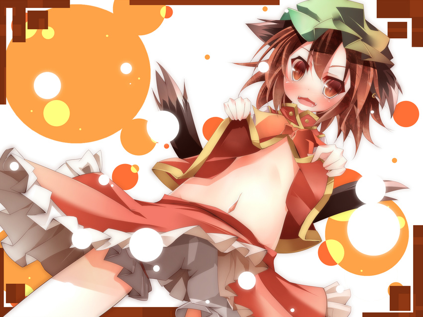 animal_ears bloomers brown_hair cat_ears cat_tail chen daidai_ookami dutch_angle earrings fangs hat jewelry md5_mismatch multiple_tails navel open_clothes open_mouth open_shirt shirt short_hair skirt smile solo tail touhou underwear