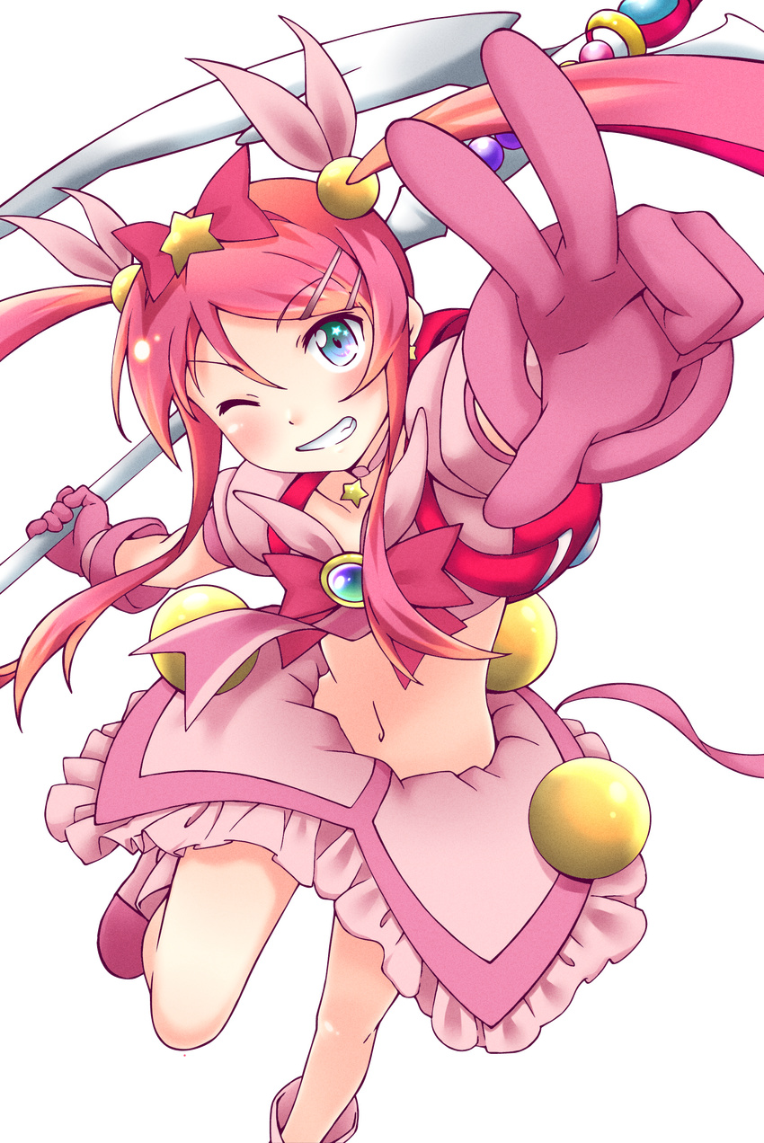 absurdres bad_id bad_pixiv_id blue_eyes blush bow cosplay gloves green_eyes hair_bow hair_ornament hairclip highres hoshikuzu_witch_meruru kobayashi_marina kousaka_kirino magical_girl meruru_(oreimo) meruru_(oreimo)_(cosplay) midriff multicolored multicolored_eyes navel one_eye_closed ore_no_imouto_ga_konna_ni_kawaii_wake_ga_nai pink_bow pink_hair short_twintails solo staff transparent_background twintails