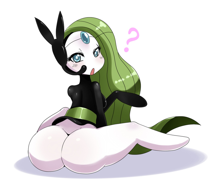 1girl ? anthro ass big_butt blue_eyes bottomless butt clothed clothing eric_lowery female green_hair hair half-dressed huge_ass legendary_pok&#233;mon long_hair looking_at_viewer looking_back meloetta nintendo open_mouth pok&#233;mon pok&eacute;mon pokemon simple_background solo sssonic2 video_games