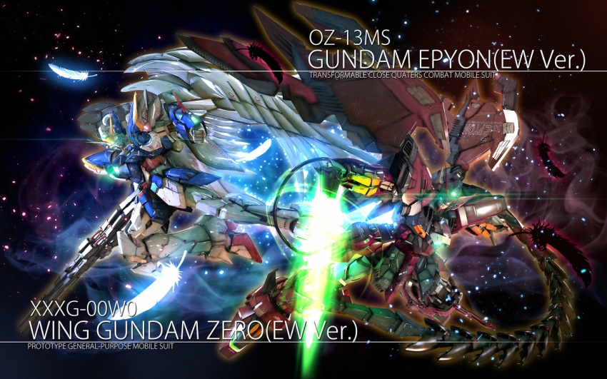 beam_saber buster_rifle english_text eske feathers gundam gundam_epyon gundam_wing_endless_waltz no_humans wing_gundam_zero_custom