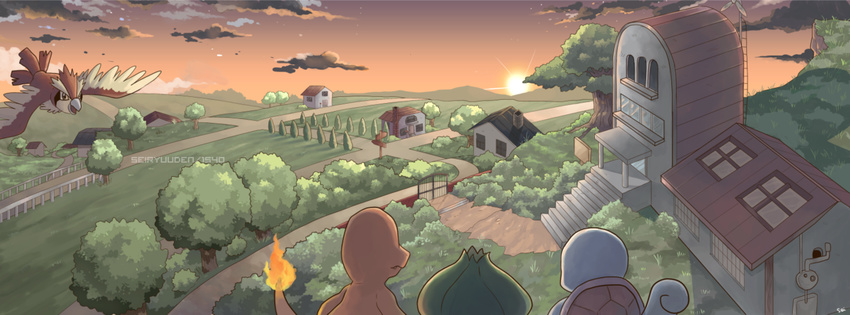 building bulbasaur charmander cloud commentary creature field flying from_behind gen_1_pokemon house md5_mismatch no_humans outdoors pallet_town perspective pidgey pokemon pokemon_(creature) pokemon_(game) pokemon_rgby road sei_(seiryuuden) sky squirtle sun sunlight sunset tree window