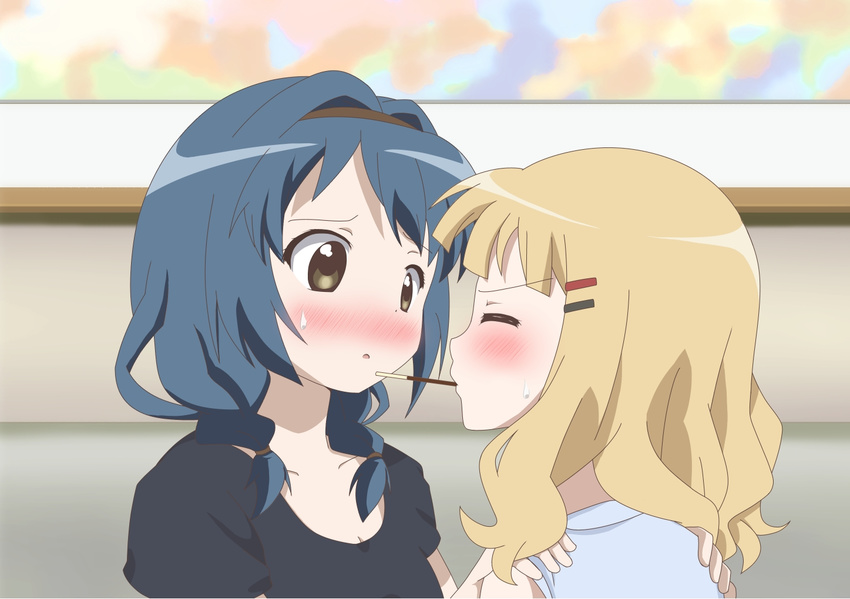 blonde_hair blue_hair blush casual closed_eyes collarbone food furutani_himawari hair_intakes hair_ornament hairband hairclip hands_on_shoulders multiple_girls oomuro_sakurako pocky sweatdrop tonky yuri yuru_yuri