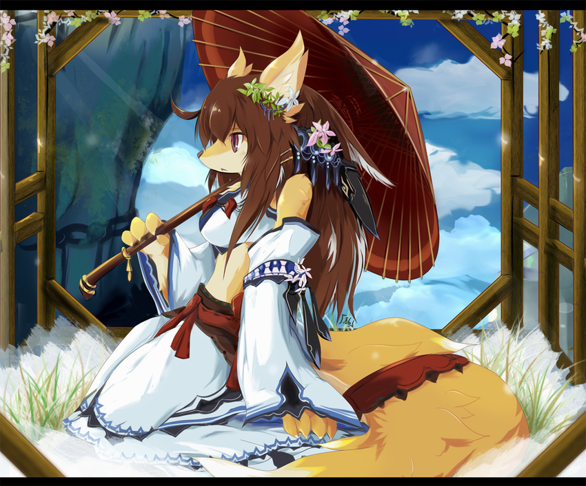 canine clothing dragoon86 dress female flower fox fur hair japanese_clothing kimono mammal parasol purple_eyes solo umbrella yellow_fur