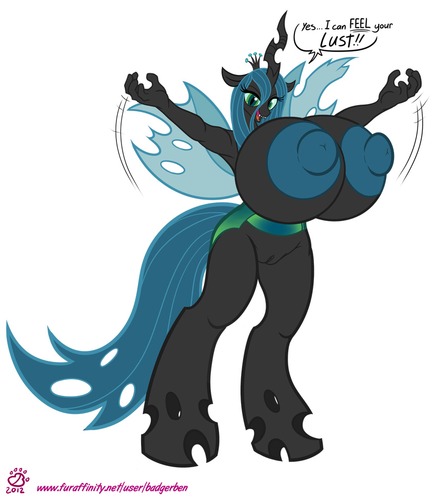 aeroelas anthro anthrofied areola badgerben big_breasts blue_hair breasts chanelling_(mlp) changeling crown english_text equine female fingers friendship_is_magic green_eyes hair hooves horn horse huge_breasts invalid_tag looking_at_viewer mammal my_little_pony nipples pussy queen queen_chrysalis_(mlp) queen_crystalis_(mlp) royalty solo text wings