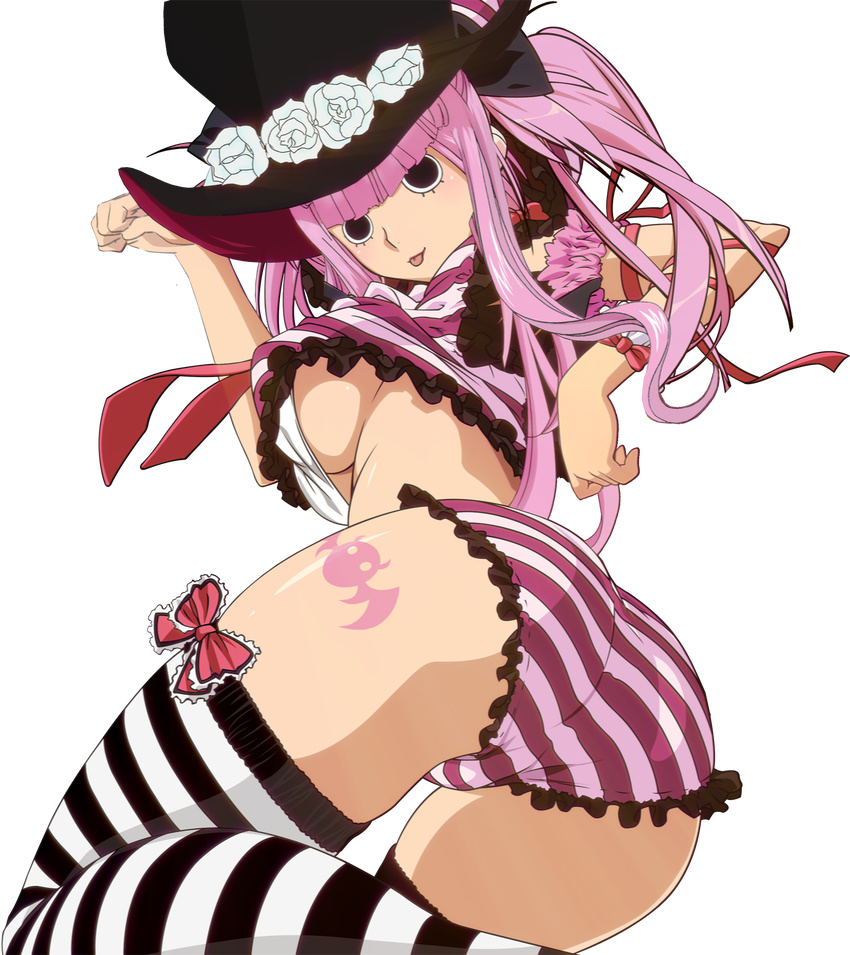 1girl breasts flower from_behind hat high_res highres lace large_breasts looking_back one_piece panties paw_pose perona photoshop pink_hair shirt shitapai striped striped_legwear striped_shirt tattoo thick_thighs thighhighs thighs tongue tongue_out transparent_background transparent_png underboob underwear